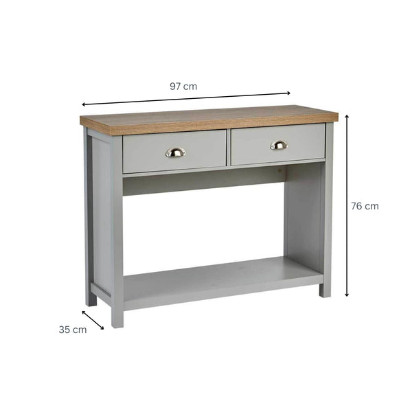 Home Source 2 Drawer Console Side Table Compact Sideboard Storage, Grey, Oak Effect