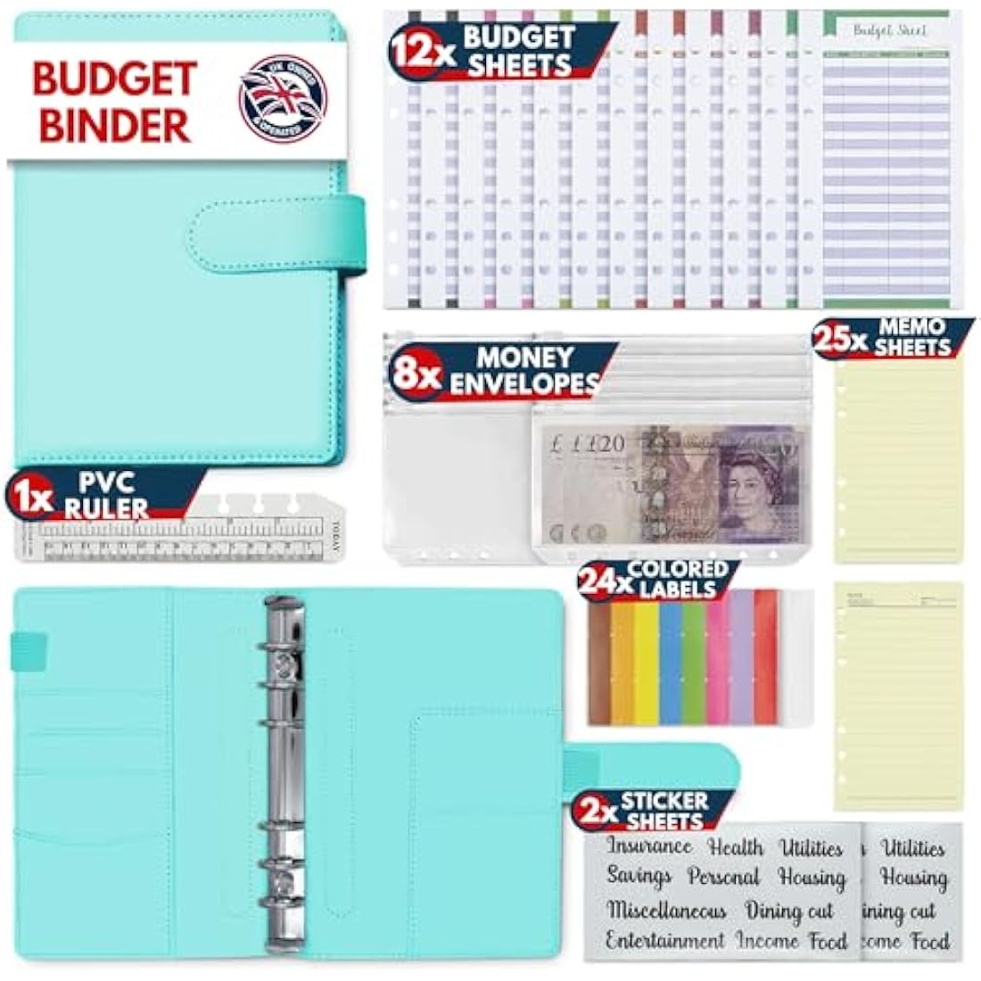 KASTLO A6 PU Leather 51pcs Budget Binder Planner - Money Saving Wallet with Plastic Money Wallet Organiser, Label Sticker, Ruler - Budget Planner & Cash Envelopes for Cash Stuffing Wallet UK - Green