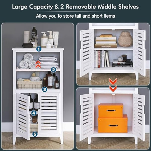 HITNET Bathroom Floor Storage Cabinet, Bamboo Freestanding Kitchen Organizer Rack with Double Doors and 2 Removable Shelves, White