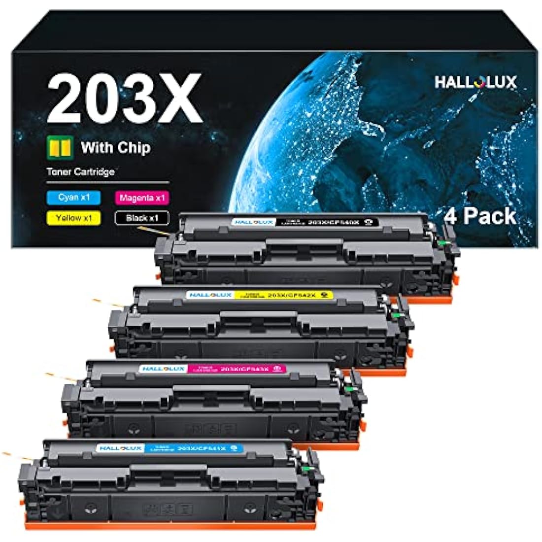 HALLOLUX 203X Toner Cartridge Replacement for HP CF540X CF541X CF542X CF543X Compatible for Color Laserjet Pro MFP M254dw M254dnM254nw M280nw M281fdn M281fdw M281cdw(Black Cyan Magenta Yellow,4 Pack)
