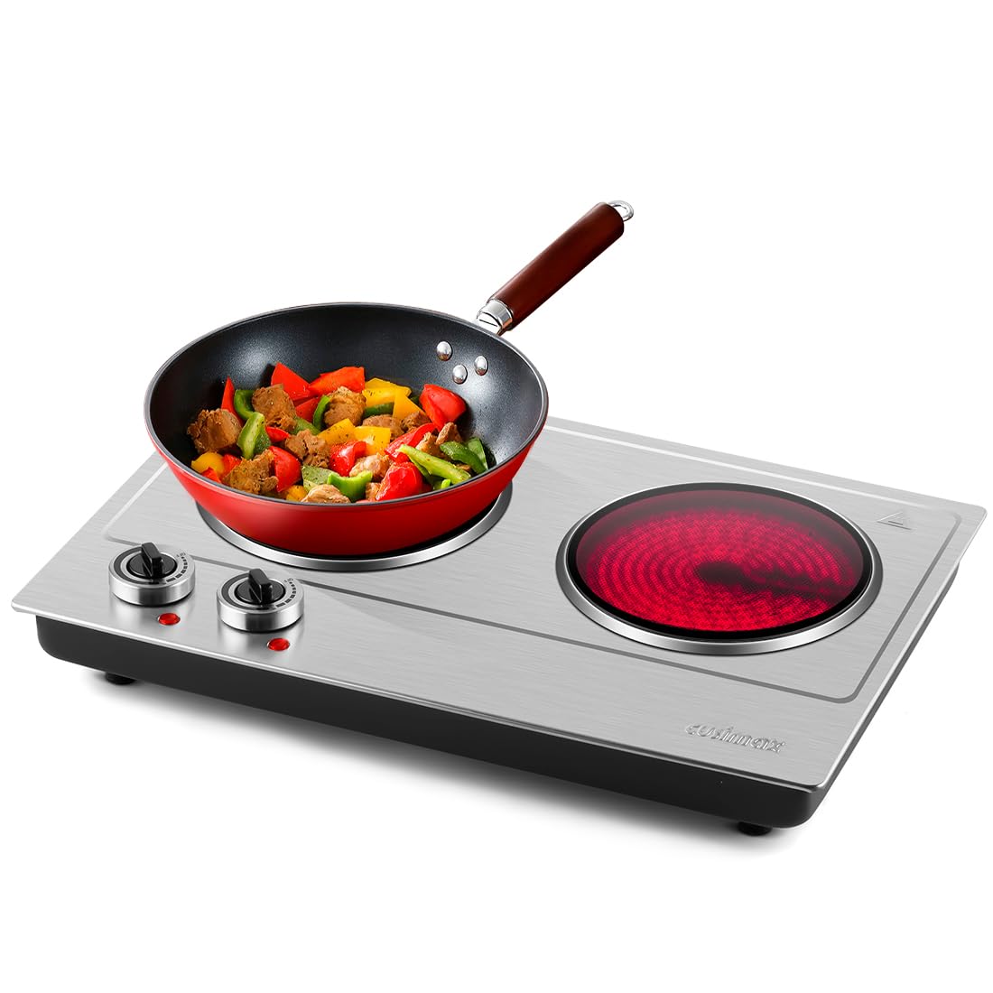 Double Electric Hob, CUSIMAX Hot Plate for Cooking, 2400W Electric Ceramic Hot Plate, Double Infrared Cooktop with Dual Temperature Control, Portable