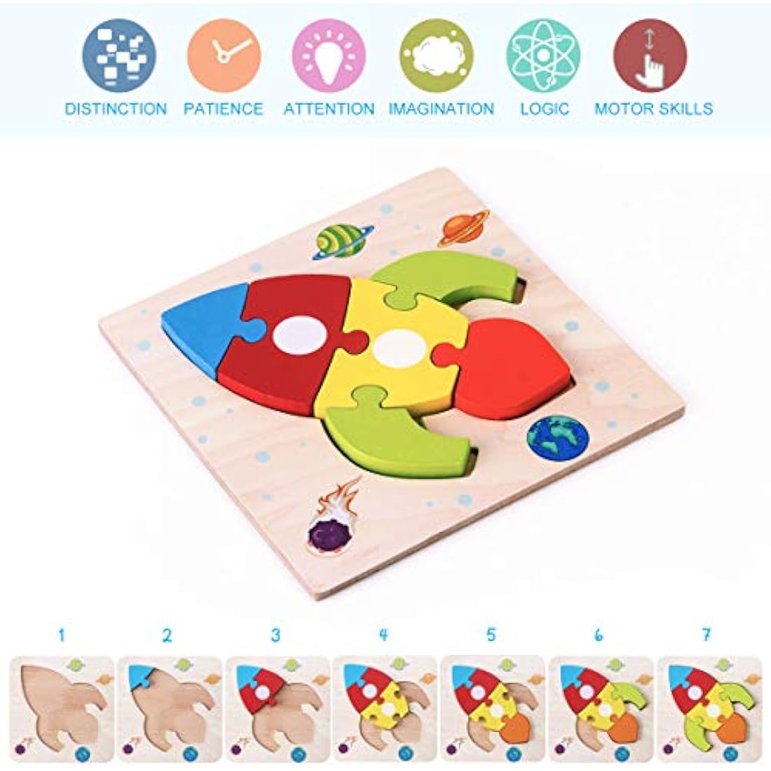 Highttoy Wooden Jigsaws for 1 2 3 Year Olds,5 Pcs Jigsaw Puzzles for Toddlers Traffic Vehicle Chunky Shape Blocks Early Educational Montessori Wooden Toys for 1+ Year Old Boys Girls