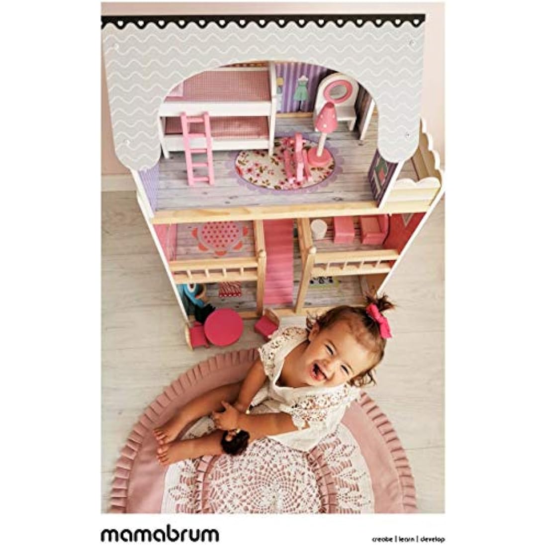 Mamabrum Dolls House with Furniture Set – Large 3-Story Wooden Playhouse with LED Lights – Fully Furnished Dollhouse for Girls – Pretend Play Set for Kids 3+