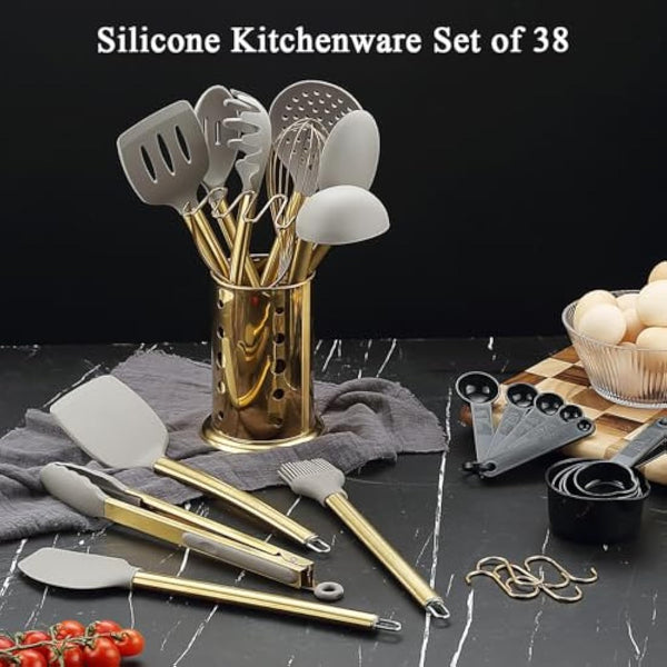 Gold Kitchen Utensils Set, Kyraton 38 Pieces Non-Stick Silicone Cooking Utensils Set, Spoon Spatula Set with Sturdy Stainless Steel Utensil Holder, Dishwasher Safe