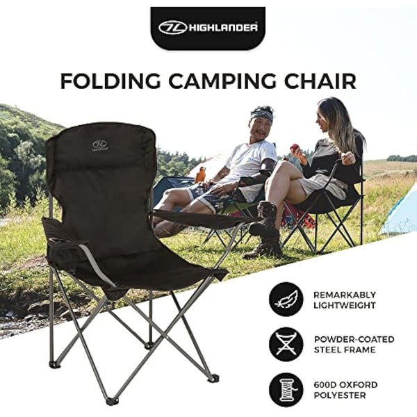 Highlander Camping Chair - Compact & Lightweight Folding Chair, 2.2kg, Portable Chair for Outdoors, Durable Steel Frame Arm Chair with Cup Holder
