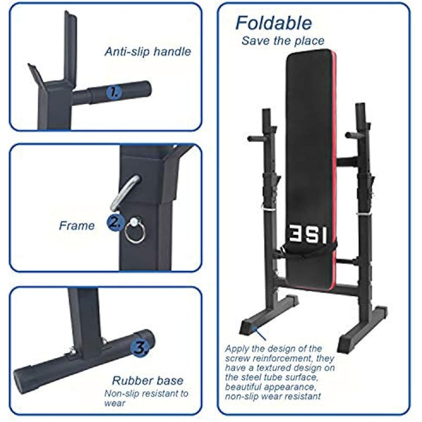 ISE Multifunction Weight Bench Fitness Weight Training Bench Set with 5 Levels Adjustable Shelf（91-110CM）and Dip Handles, Home/Gym Exercise Foldable, SY-544