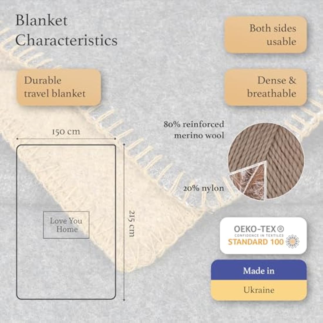 LYHome Travel Blanket - Extra Warm Picnic Throw, Bed Camping Outdoor Wool Blankets, Cozy Soft Throws, Military Army and Garden Outside Use (59x84 in | 150x215 cm | Gray - Mustard Double-sided)