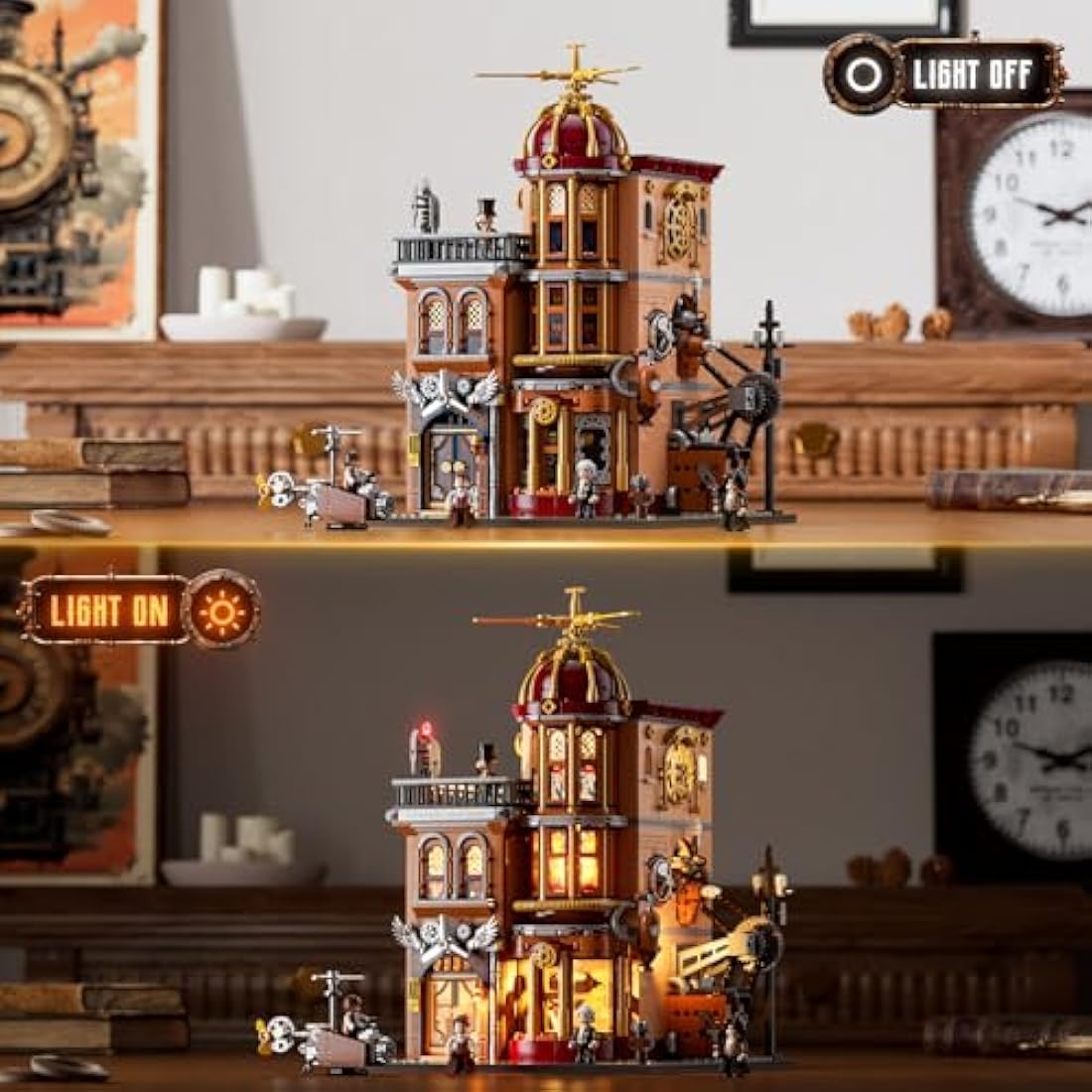 FUNWHOLE Steampunk Flying Club Lighted Building Set – 1858 Pieces Modular Construction Kit Collector’s Set for Adults and Teens