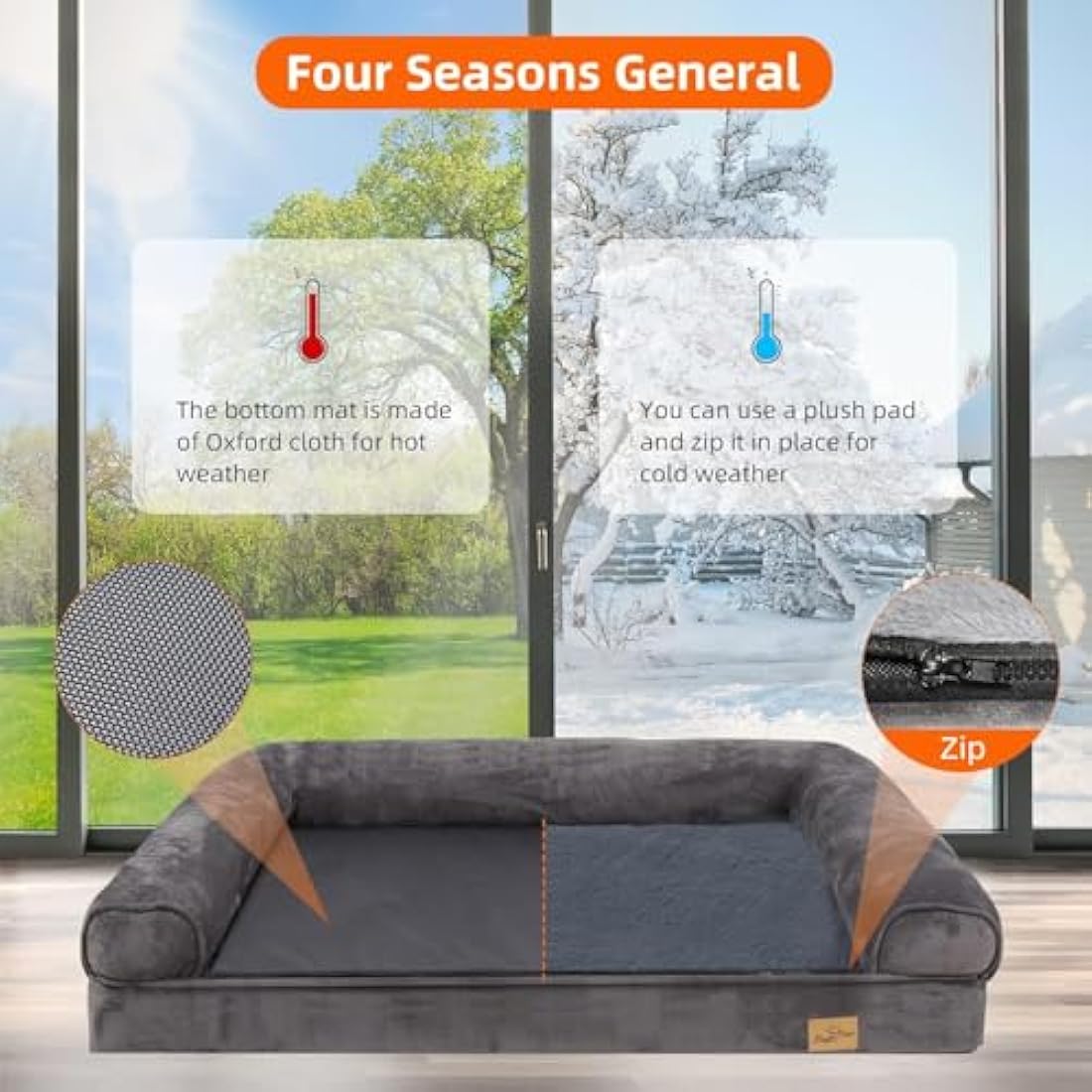 BingoPaw Large Dog Sofa Bed: Memory Foam Orthopedic Pet Mattress Cushion - Waterproof Bolster Dog Couch with Pillow and Washable Cover Grey XL (100x75cm)