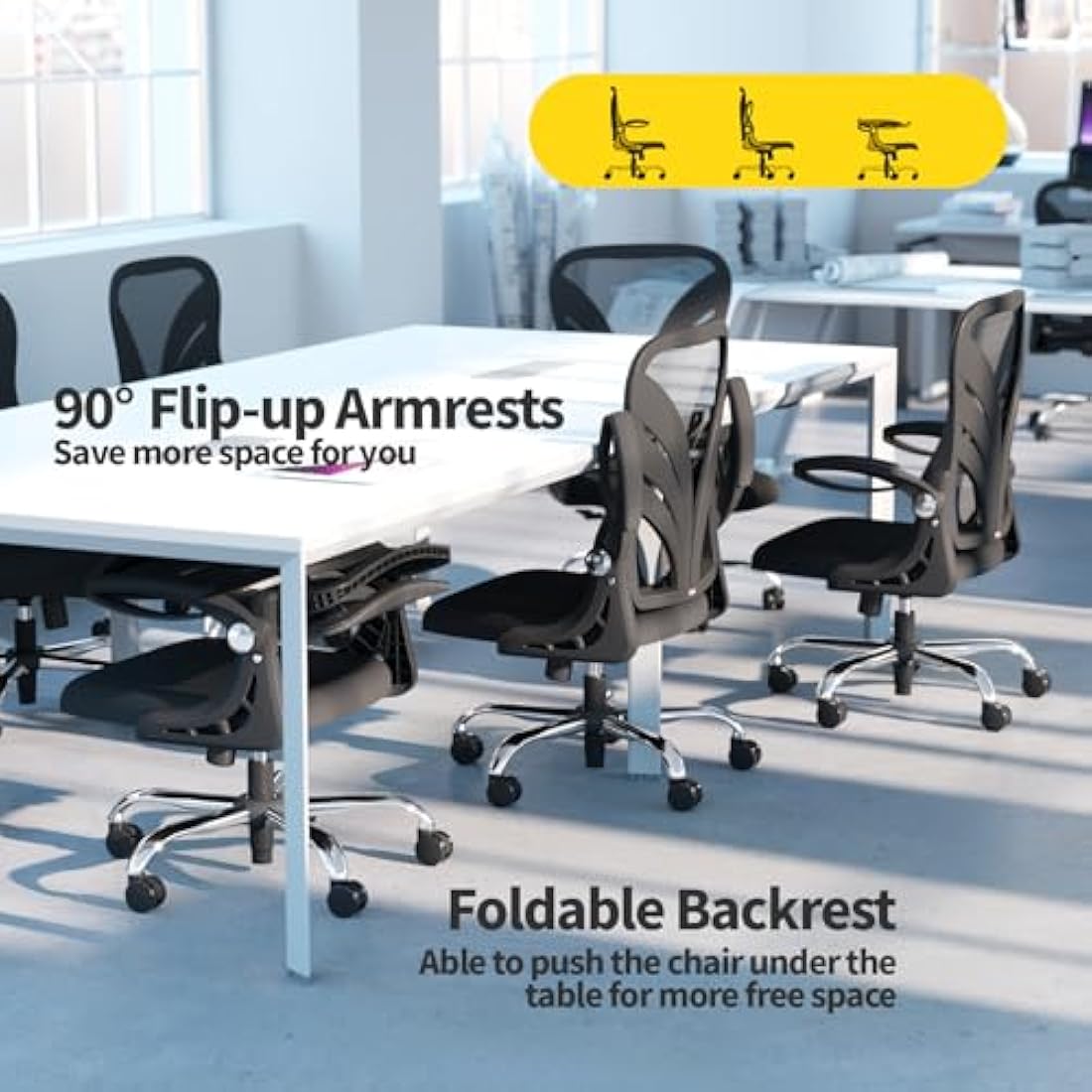 HOLLUDLE Ergonomic Office Chair with Foldable Backrest, Computer Desk Chair with Flip-up Armrests, Mesh Lumbar Support and Tilt Function Big and Tall Office Chair, Black