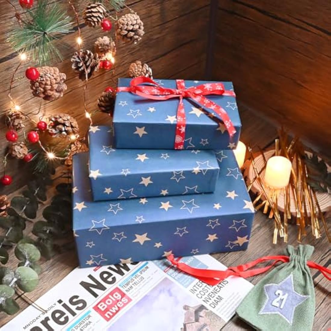 43cm*15m Blue Birthday Wrapping Paper Roll,Topeedy Gift Wrap Paper with Star for Birthday Father's Day Xmas Present-Star