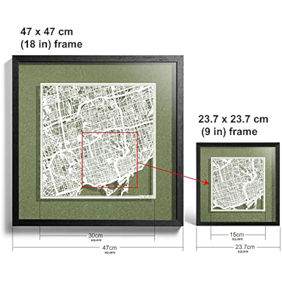 O3 DESIGN STUDIO Toronto Paper Cut Map framed, White map, Black frame, 9x9 inches, Gift Boxed, 4 background color, self-changing, Paper Art
