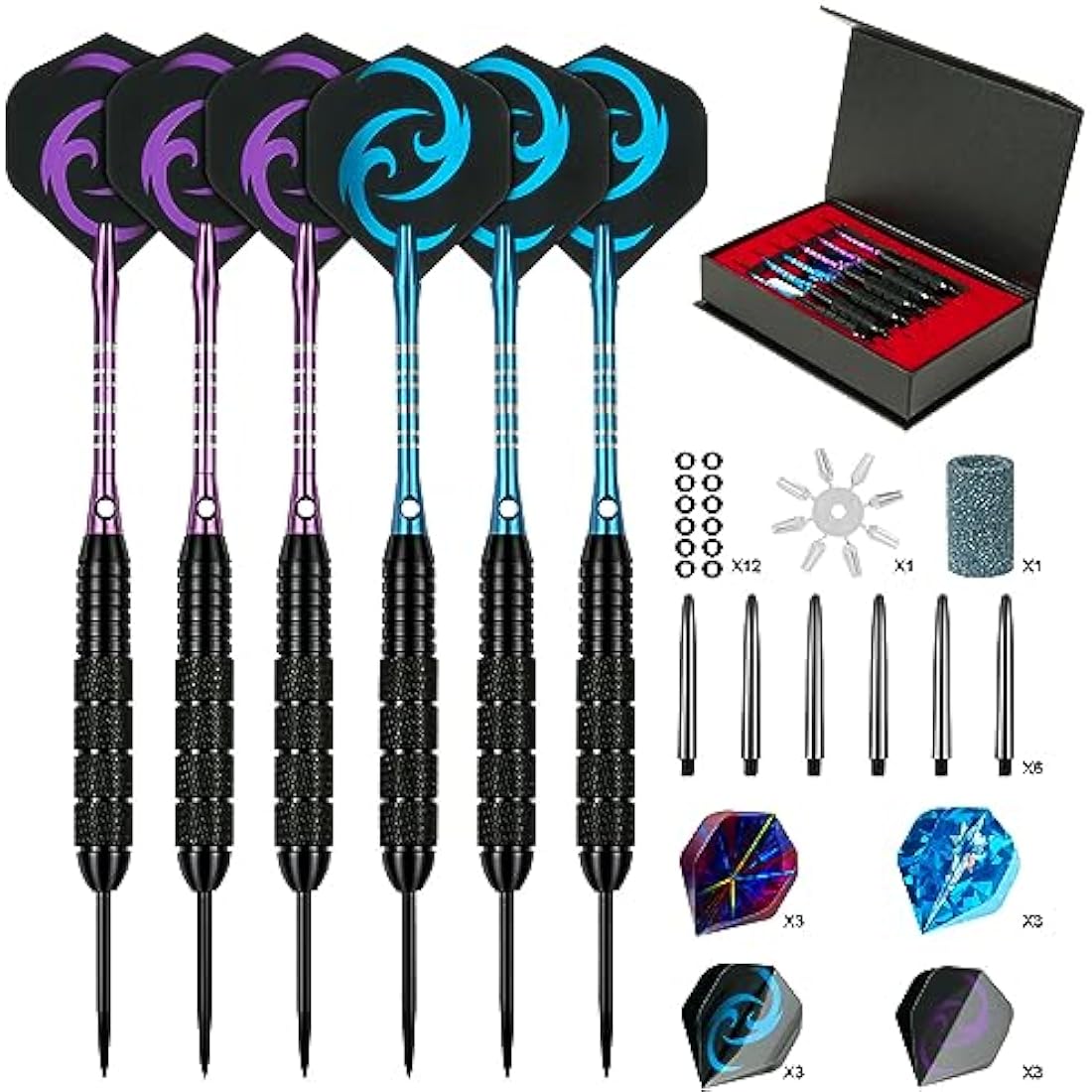 flintronic 6 Pack Steel Darts Set,Professional 22g/23g/24g Darts Tip with Non-slip Stainless Steel Shaft,4 Style Poly Flights,PVC Shafts,Dart Sharpener,Rubber Rings,Flight Protecter