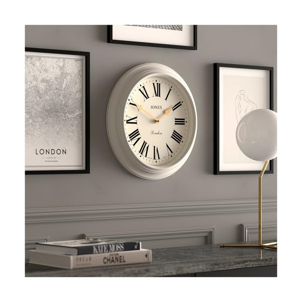 Jones Clocks Supper Club wall clock | Large classic round clock | 40cm | Very pale grey | Roman numerals |Traditional design ideal for kitchen or