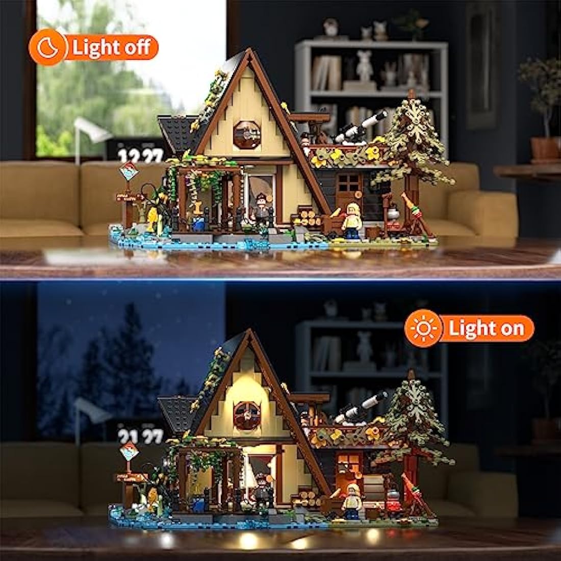 FUNWHOLE A-Frame Cabin Lighting Building Bricks Set – 2061 PCS Creative Nature Retreat Construction Model with LED Light for Adults & Teens | Alpine Chalet Style, Camping & Story Details