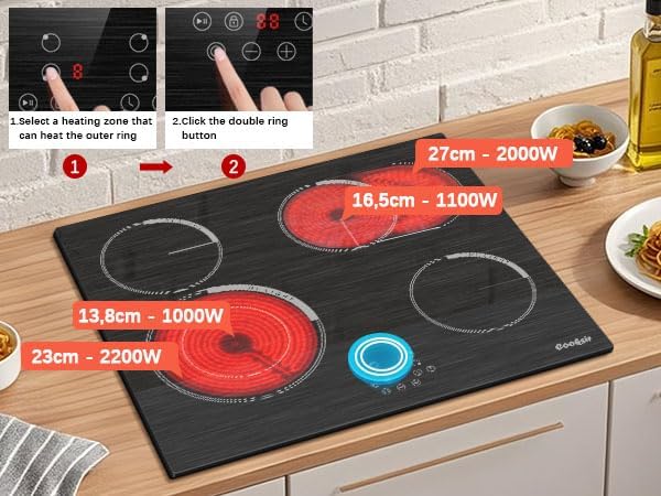 Cooksir Electric Hob 60cm, Ceramic Hob 4 Ring 6700W, Electric Hob 4 Zone with Expandable Dual and Oval Zone, Built-in Hob with Frame, Timer, Safety Lock, 220-240V(No Plug)