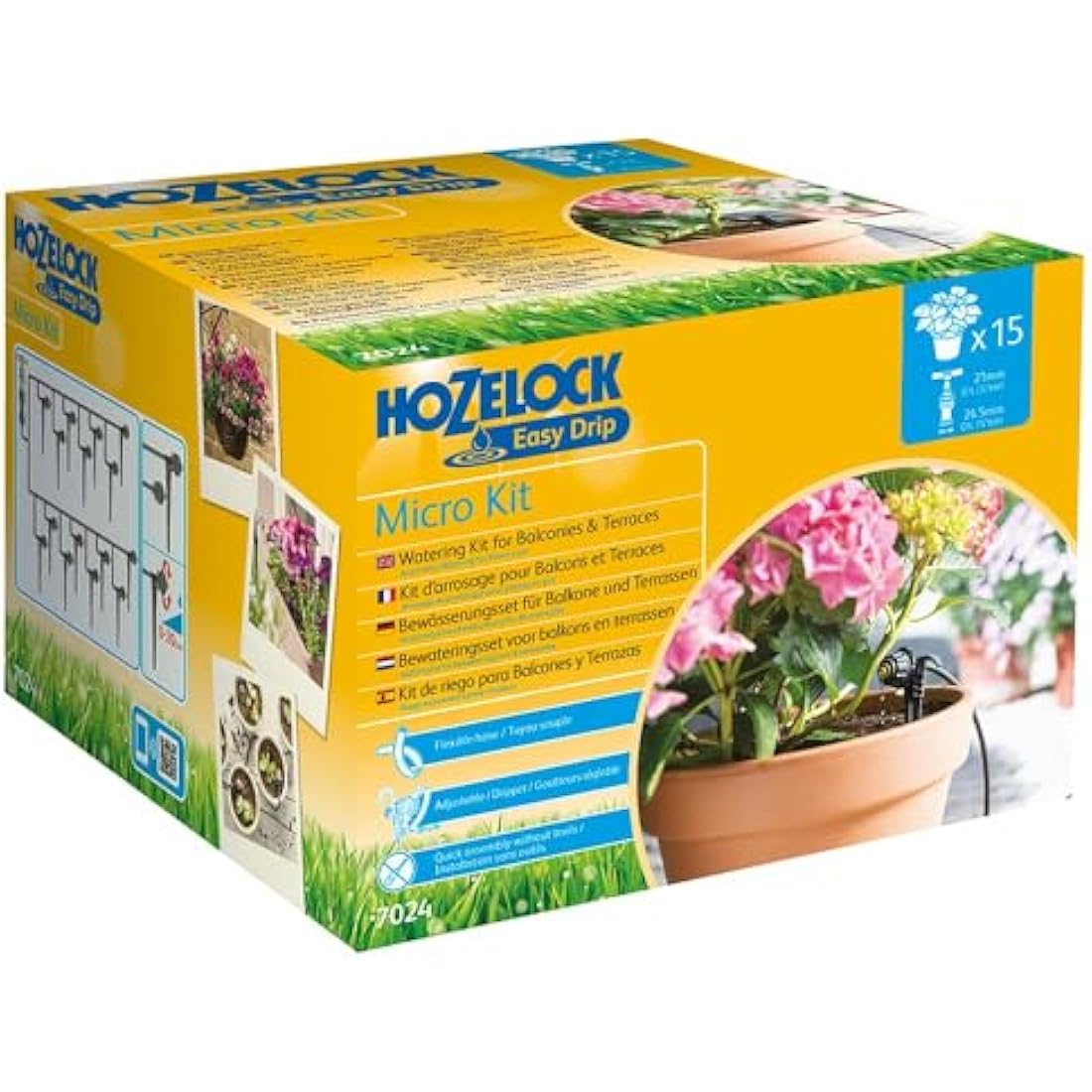 HOZELOCK - Micro Irrigation Kit "Micro Kit" : Ideal for Watering Potted Plants and Hanging Baskets, Easy to Use, Supplied with 15m of Ø 4mm Hose and 15 Drippers for Precise Watering [7024 0000]