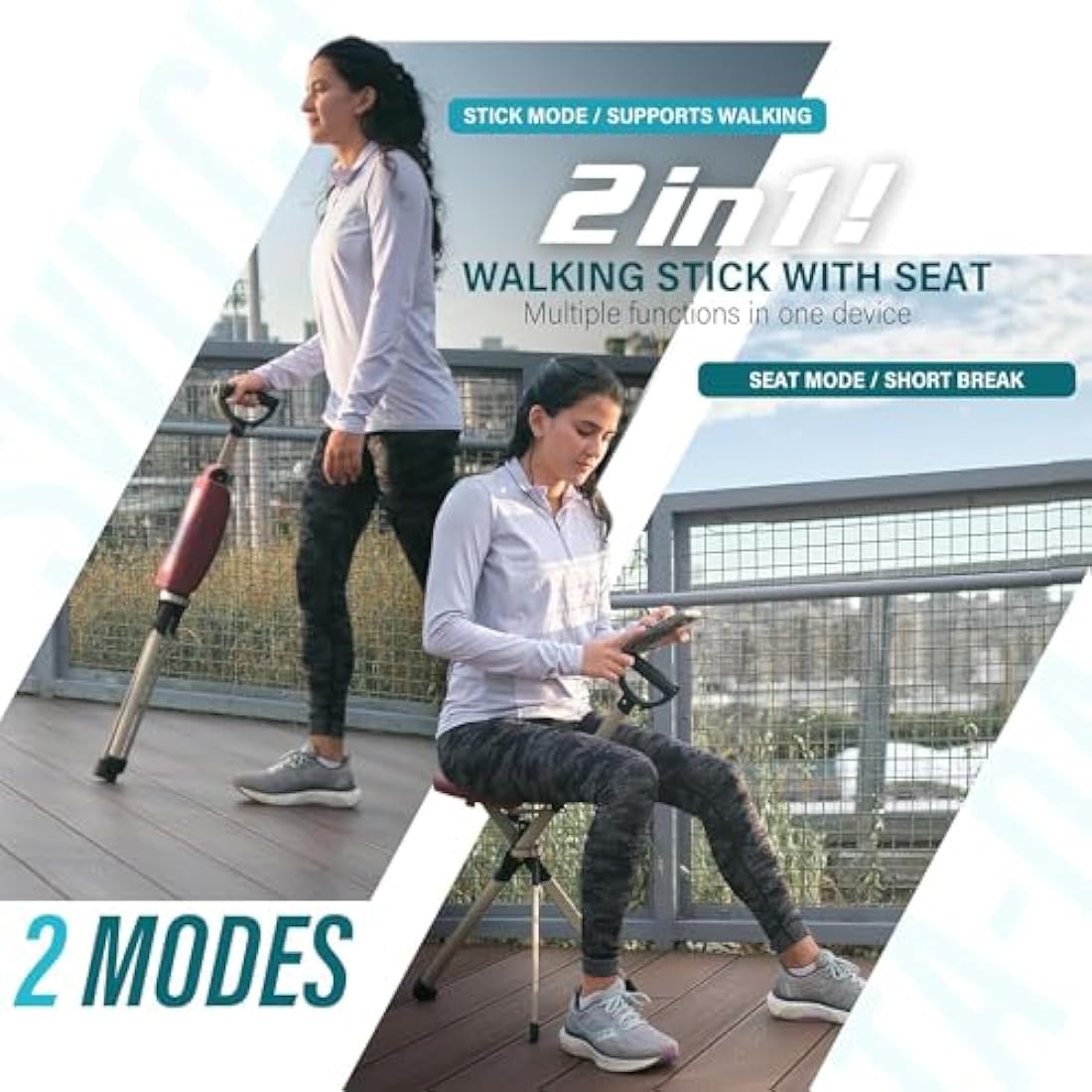 Ta-Da Chair Series 2 PRO - Walking Stick with Seat, Lightweight Aluminium Pole Frame & Sturdy Foldable Stool (up to 136kg), Easy Folding Design, Ideal for Hiking & Outdoors - Adjustable