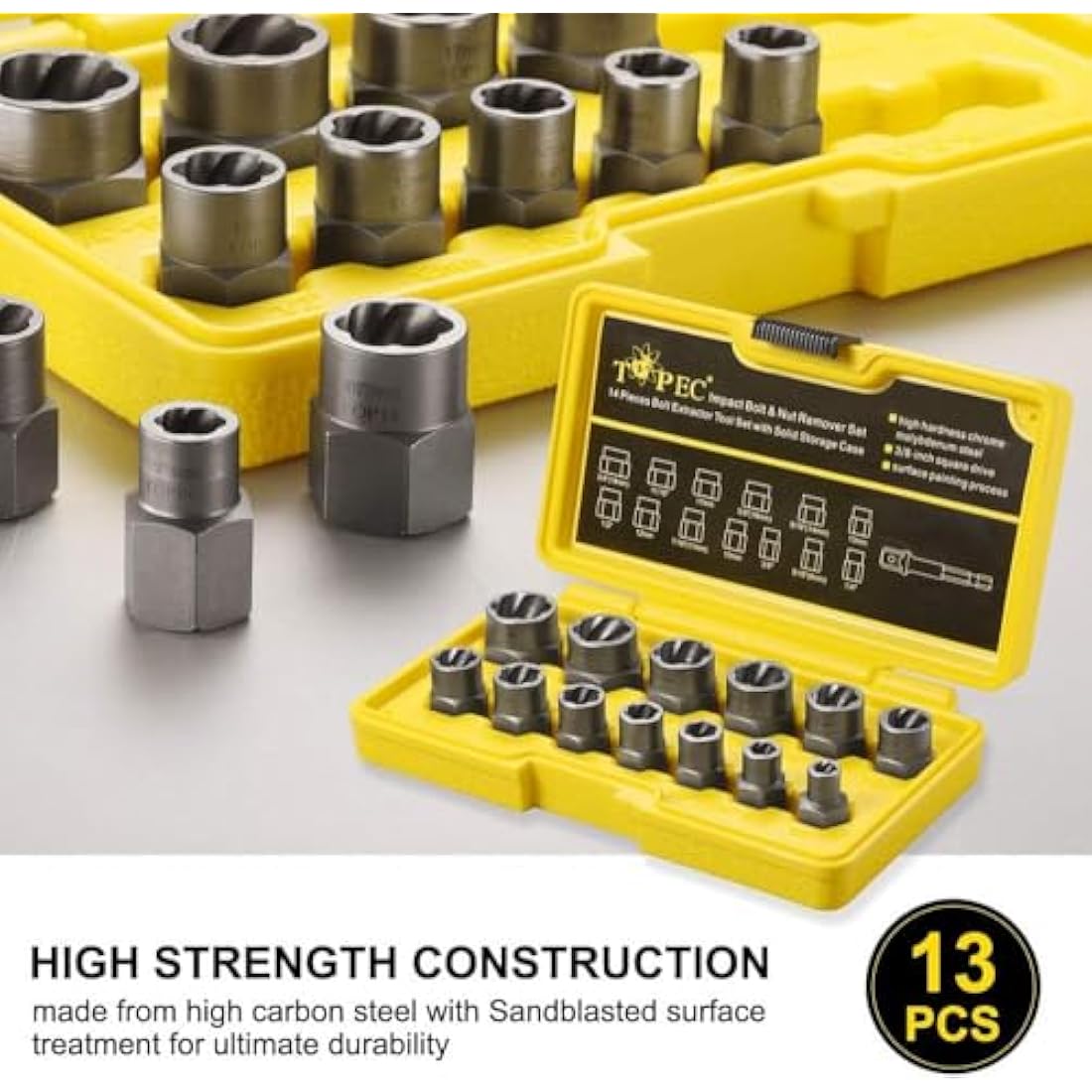 13+1 Piece Impact Bolt & Nut Remover Set - 3/8" Drive with Nut Extractor Socket, Hex Adapter, and Bolt Remover Tool for Damaged, Rusted, or Rounded-Off Bolts, Nuts, and Screws