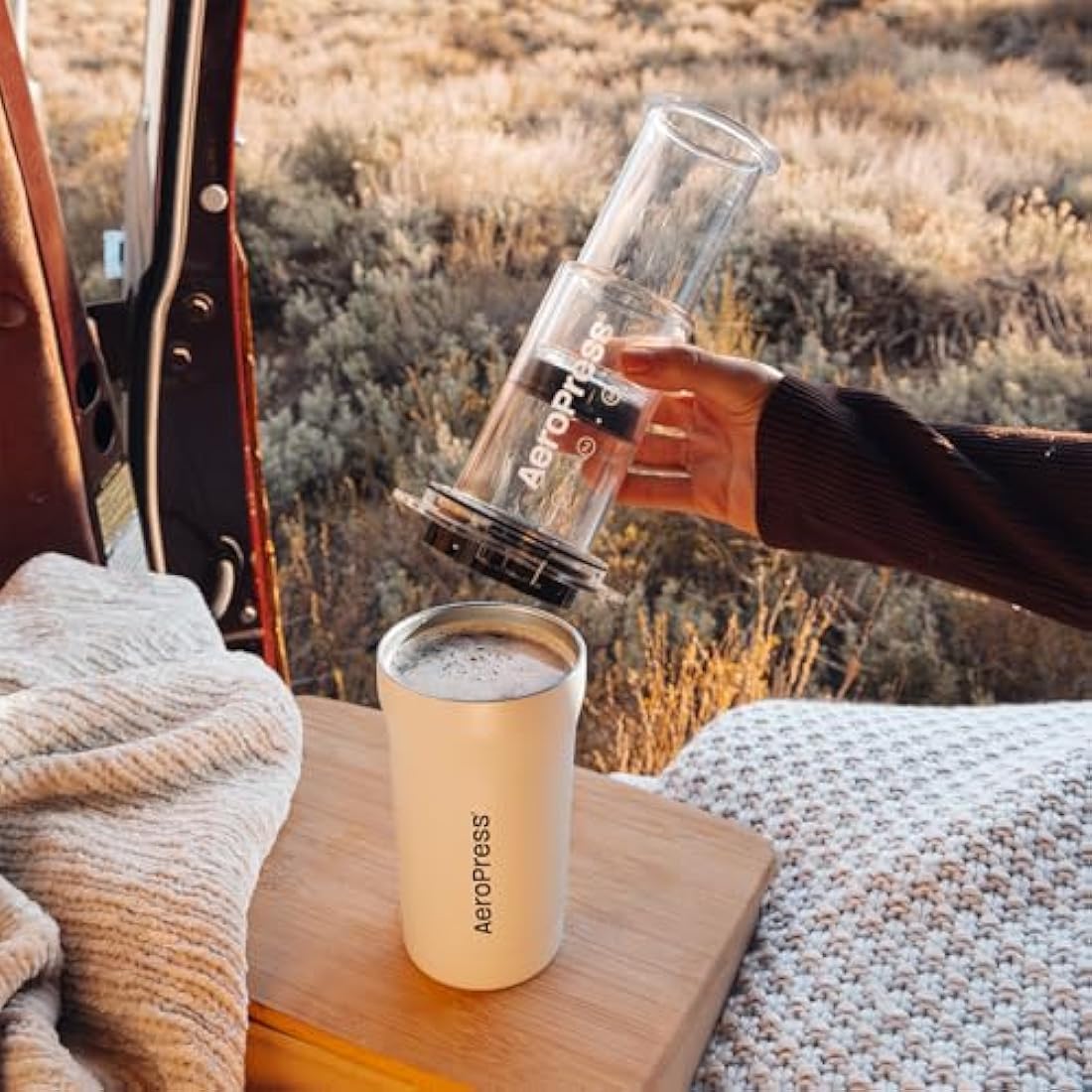 AeroPress Go Plus, Small Portable Coffee Maker for Travel & Camping - 3 In 1 Brew Method Combines French Press, Pourover, Espresso, Full Bodied Coffee without Bitterness, Coffee Press Kit - Cream