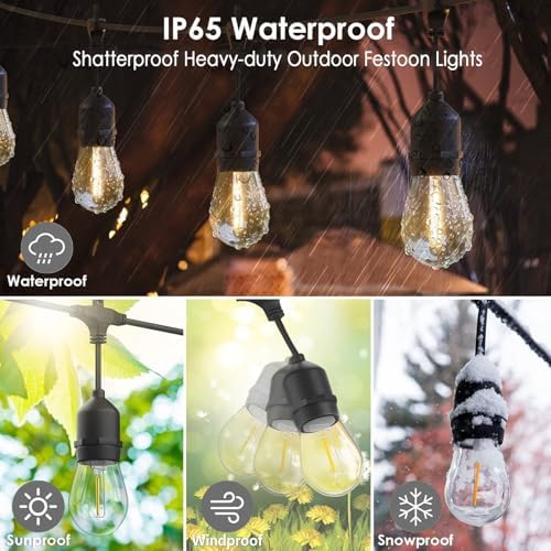 30M Festoon Lights Outdoor E27 IP65 Waterproof Festoon Lights Outdoor String Lights 4.4M Extension Cable Included, 30+2 Shatterproof S14 2700K Bulbs for Pergola Garden Backyard Fence, Linkable