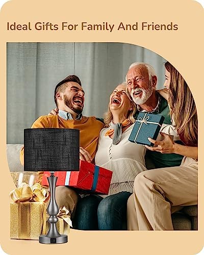 EDISHINE Bedside Lamps Set of 2, 3 Way Dimmable Touch Lamp with USB Charging, Table Lamps for Living Room, Bedroom, Black Linen Shade (LED Bulbs Included)