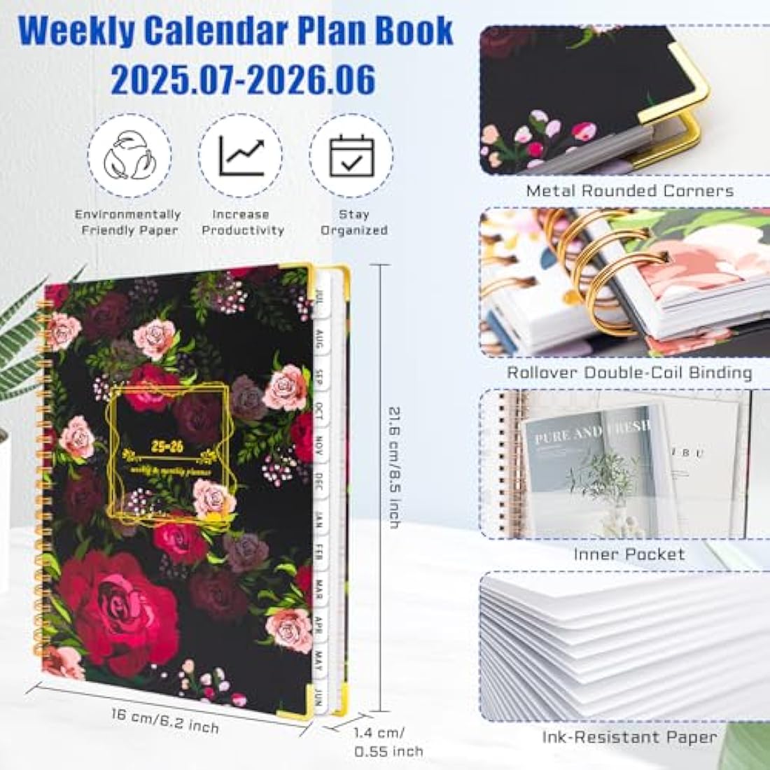 BLESWIN Monthly & Weekly Planner 2025-2026, A5 Diary 2025 Week to View with Monthly Tabs, 12 Months Monthly Planner, Planners and Organisers 2025 Month to View, A5 Diary Spiral Bound with Inner Pocket