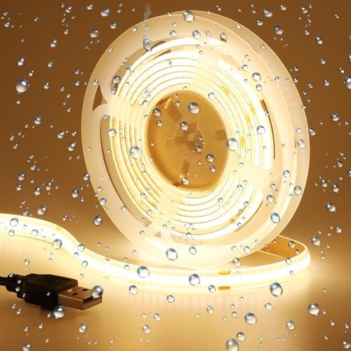 GOMING DC 5V USB COB LED Strip Light Warm White 3000K Dimmable IP65 Waterproof CRI 93+ USB Powered 6.6ft/2M 320LEDs/M Flexible LED Tape Lights for TV Backlight Cabinet Home DIY Lighting