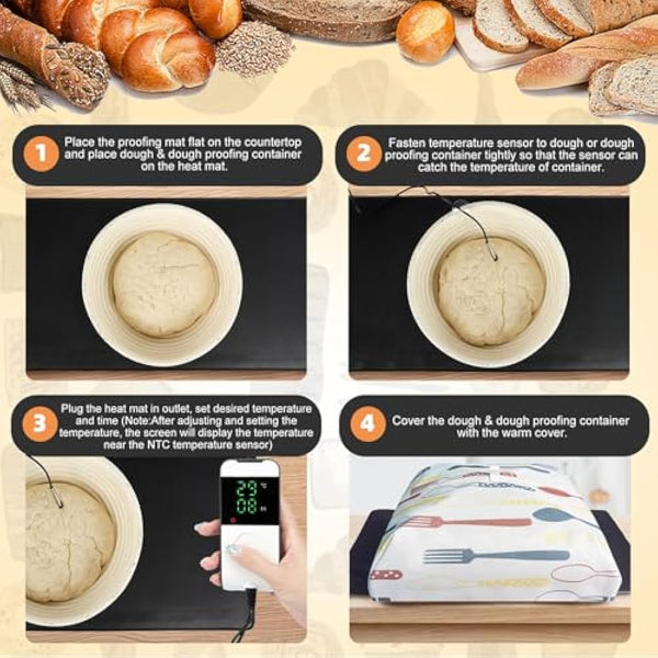 Bourske Bread Proofer Warming Mat with Heat Preservation Cover Adjustable Temperature Dough Starter Mat, Sourdough Dough Proofer for for Making Bread