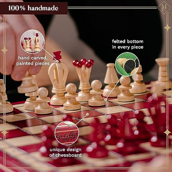 GREAT KINGDOM Chess and Checkers Set | Master of Chess Red Chess Set | Chess Board 35cm Chess Set for Adults and For Kids - Handmade Portable Chess and Drafts/Draughts Set