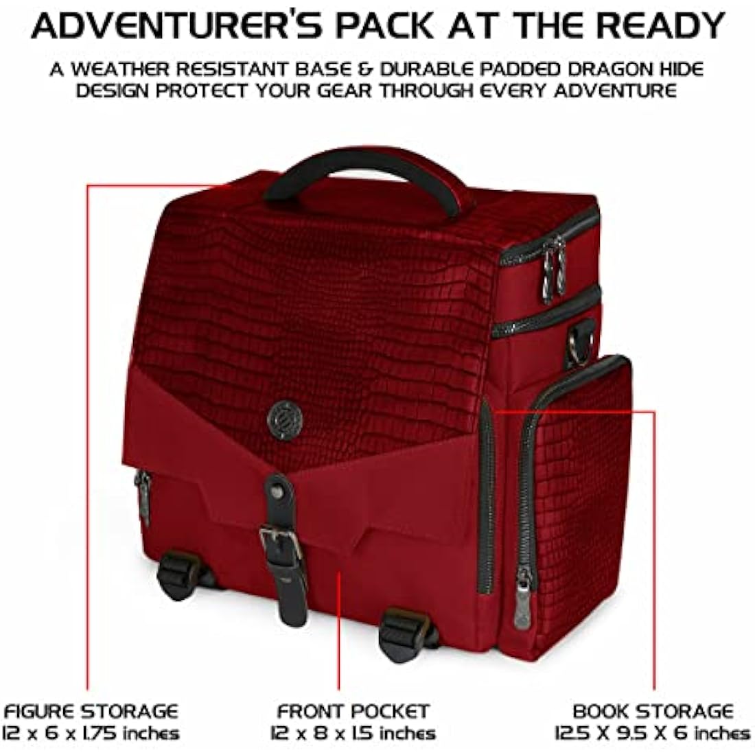 ENHANCE Collector's Edition RPG Adventurer's DND Bag - Dragon Hide Exterior Travel RPG Bag with Tabletop Miniatures Storage Vault, Mat Holder, DND Dice & Token Pockets, Fits 4-8 Books (Dragon Red)