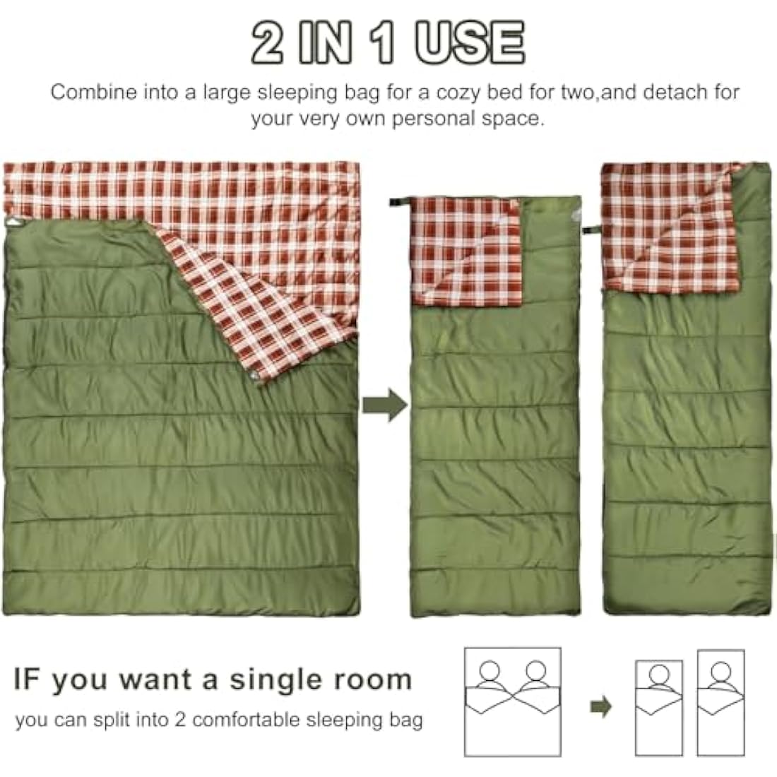 Double Cotton Flannel Sleeping Bag for Camping, Hiking, or Hiking. Queen 2 Cold Weather Waterproof Sleeping Bag for Adults or Teenagers.