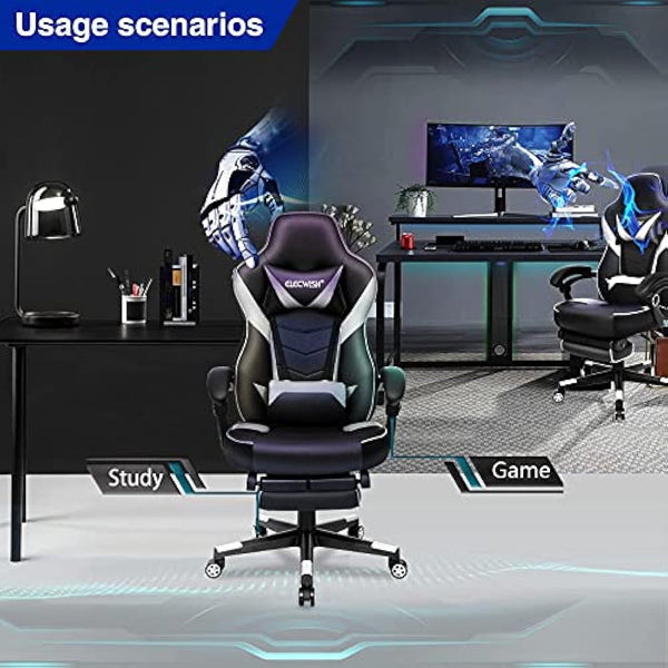 Fullwatt Computer Gaming Chair with Footrest and Adjustable Arms Reclining Swivel Chair, Desk Chair High Back with PU Leather for Home Office, white