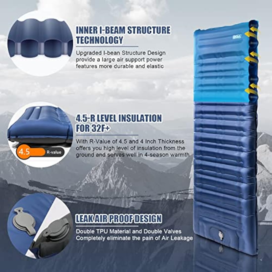 BQA Camping Sleeping Pad Inflatable Sleeping Mat with Pillow & Built-in Pump, Extra Thickness 10cm Compact Ultralight Waterproof Camping Air Mattress for Backpacking, Hiking, Tent, Traveling