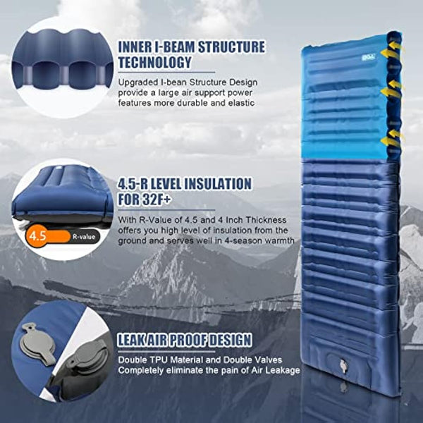 BQA Camping Sleeping Pad Inflatable Sleeping Mat with Pillow & Built-in Pump, Extra Thickness 10cm Compact Ultralight Waterproof Camping Air Mattress for Backpacking, Hiking, Tent, Traveling