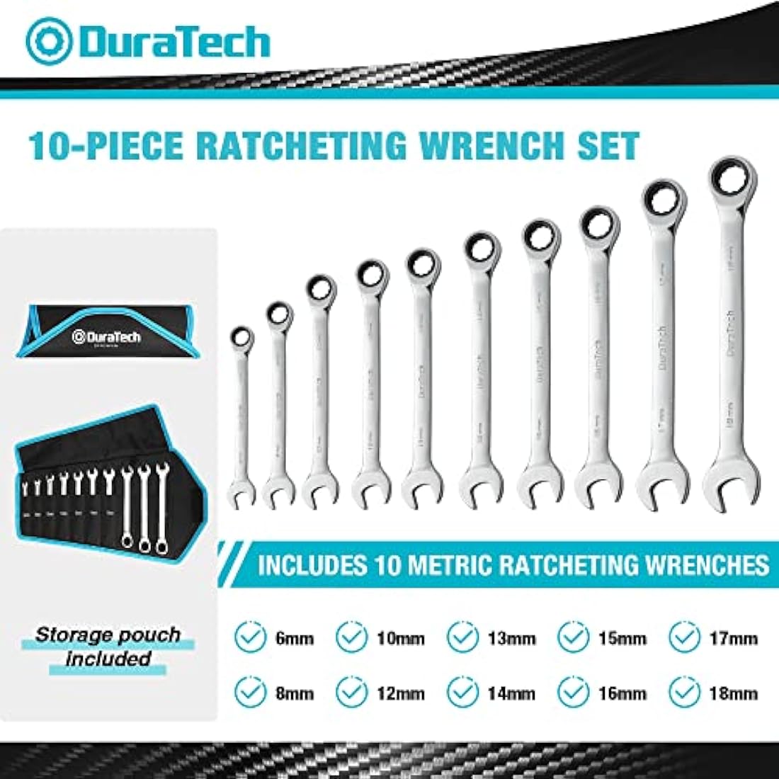 DURATECH 10-Piece Ratchet Combination Spanner Set, Fixed Head Open End Combination Wrench Set with Roll Pouch, Metric, 6-18mm, 12 Point, Cr-V Steel