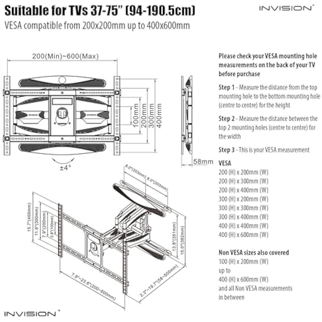 Invision Ultra Strong TV Wall Bracket Mount Double Arm Tilt & Swivel for 37-75 Inch (94-190.5cm) LED LCD OLED Plasma & Curved Screens - Up to VESA 600mm(w) x 400mm(h) - Max Load 50kg (HDTV-DXL)