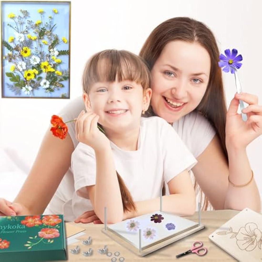 Rhykoka Professional Flower Press, 8 Layers 6.3x8.3 inch (16x21cm) Flower Press Kit Wooden Leaf Pressing Kit for Kids Adults with Clear Instruction, Nice Gift for DIY Dried Flowers Lovers (Wooden)