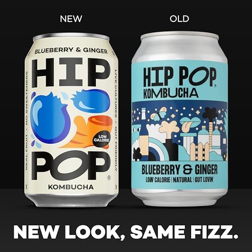Hip Pop Kombucha, Blueberry & Ginger, Low Calorie, 100% Natural, Vegan, Branding of Cans May Vary, 24 x 330 ml