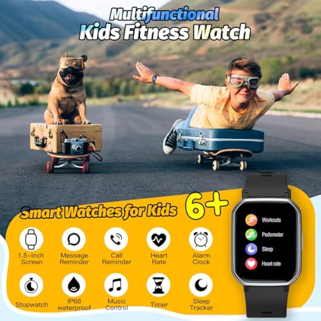 Kids Smart Watch for Boys,IP68 Waterproof Kids Fitness Tracker Watch with 1.5 Inch DIY Face,Heart Rate Sleep Monitor,19 Sport Modes,Calories Counter,Alarm Clock,Great Gifts for Children 6+ (Black)