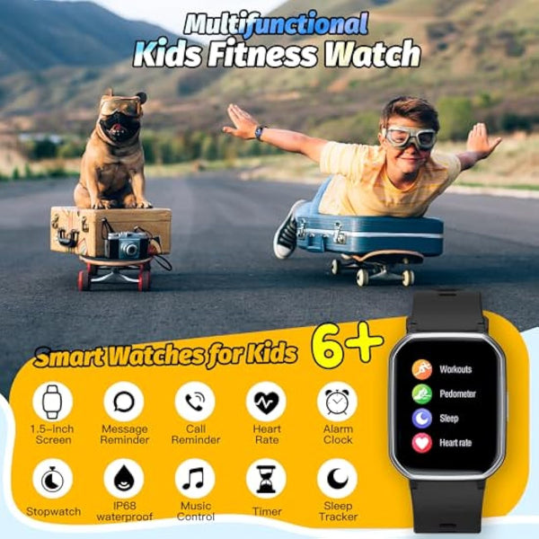 Kids Smart Watch for Boys,IP68 Waterproof Kids Fitness Tracker Watch with 1.5 Inch DIY Face,Heart Rate Sleep Monitor,19 Sport Modes,Calories Counter,Alarm Clock,Great Gifts for Children 6+ (Black)