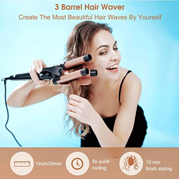 janelove Hair Curler, Curling Wand, with 3 Barrel Hair Waver, from 19 mm to 25mm Waver Curling Wand, LCD Display /180-450°F Temp Adjustment (Gold)
