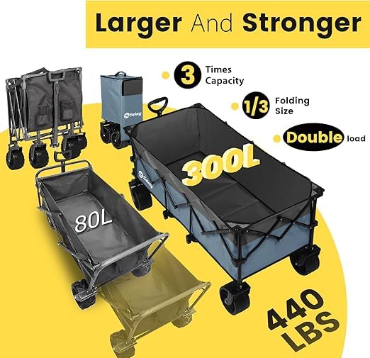 Sekey 200L Folding Festival Trolley with All-Terrain Extra Wide Wheels and Brake, Heavy-Duty Cart Loadable up to 150KG, Patented Four-Directional Foldable Design, Wagon for Beach Camping Outdoor, Grey