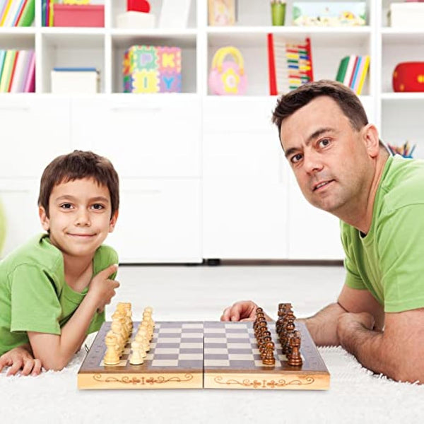 Syrace Magnetic Chess & Checkers Set Board Games, Wooden Foldable Hand Carved Portable Travel Chess Board Game Sets with Game Pieces & Storage Slots 15.74"