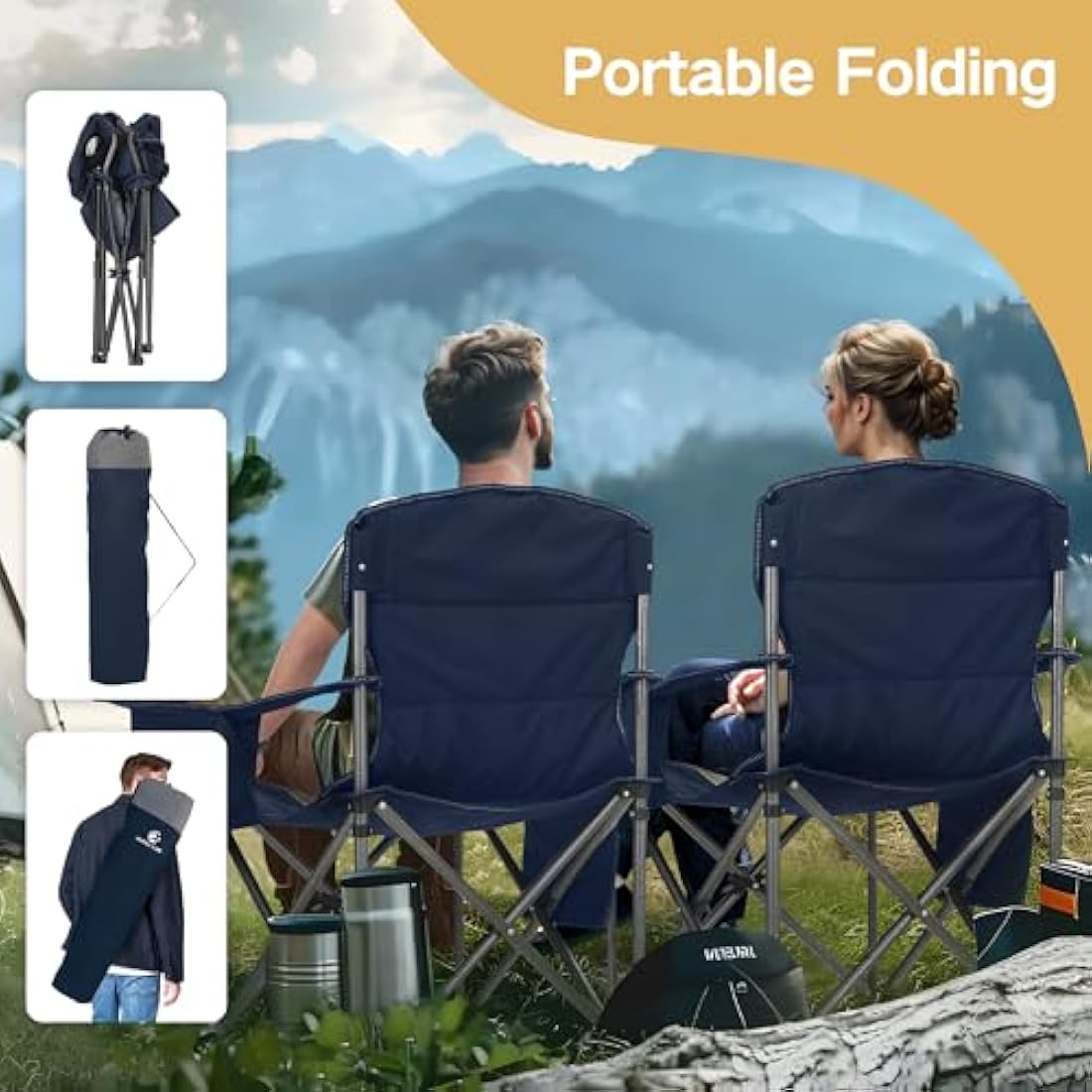 ALPHA CAMP Camping Chairs for Adults Heavy Duty Camping Chair Up to 200 kg Folding Camp Chair with Cup Holder and Cooler Bag for Outdoor Picnic Fishing, Lightweight and Portable, Blue