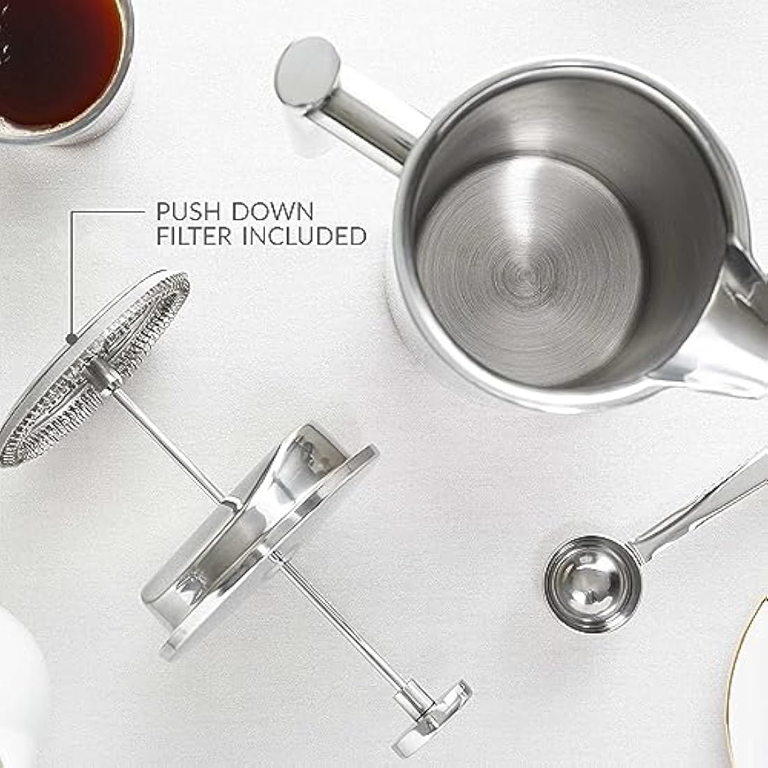 andrew james Double Walled Stainless Steel Cafetiere Gift Set With 3 Mesh Filters, Coffee Measuring Spoon And Bag Sealing Clip, Delicious French Press Coffee, Easy to Clean (1000ml, Stainless Steel)