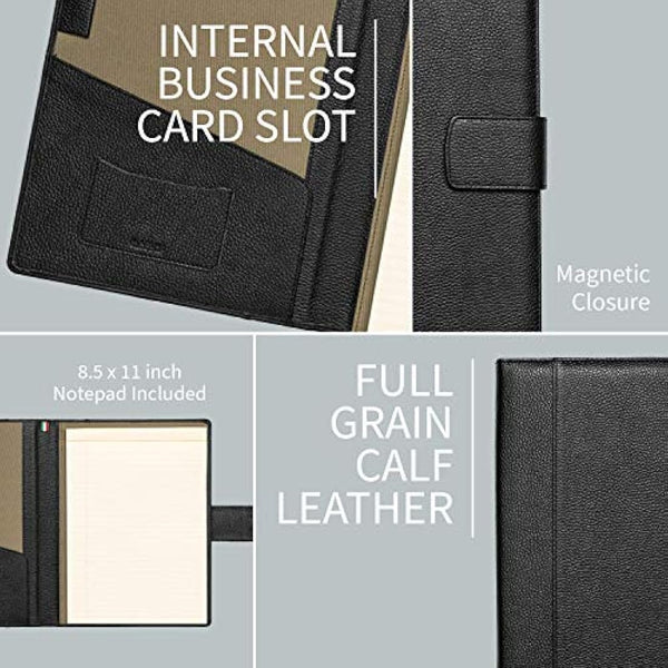 Document Holder in 100% Genuine Full Grain Hammered Leather - Handmade by Expert craftspeople - Spacious and Safe, Perfect for Meetings and Lessons - with Magnetic Closure - Black