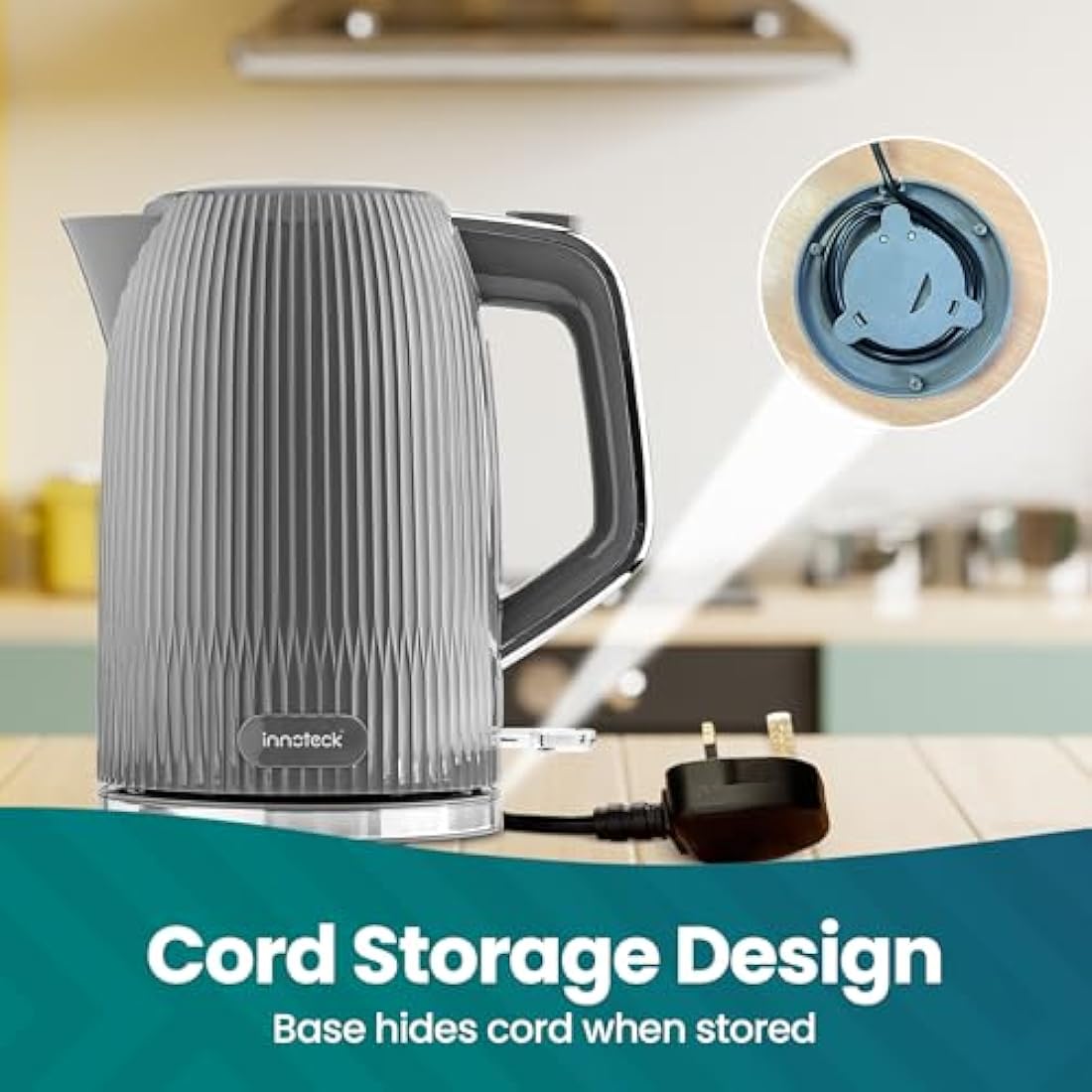 Innoteck Kitchen 1.7L Cordless Electric Kettle with Stainless Steel Body, BPA-Free Electric Kettle with Auto Shut-Off Safety & 360° Base Quiet Fast Boil Kettle for Tea and Coffee, Grey