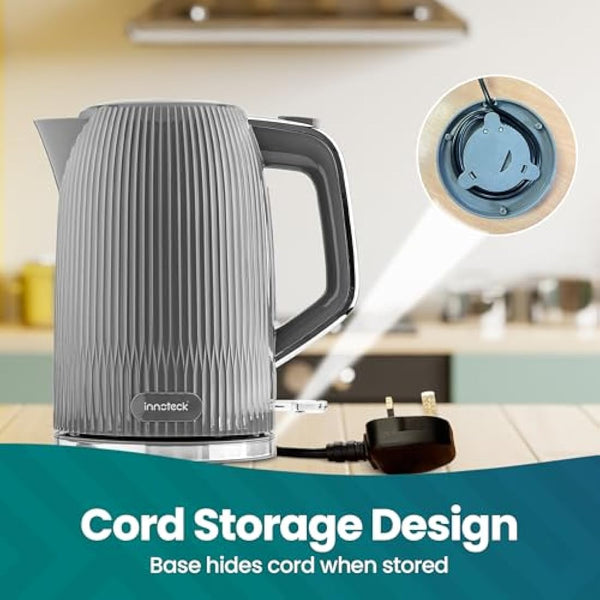 Innoteck Kitchen 1.7L Cordless Electric Kettle with Stainless Steel Body, BPA-Free Electric Kettle with Auto Shut-Off Safety & 360° Base Quiet Fast Boil Kettle for Tea and Coffee, Grey