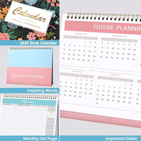 2025-2026 Desk Calendar - Standing Flip 2025-2026 Desktop Calendar with Thick Paper, July 2025 - December 2026, 25.5 x 20.5 x 8 cm, Twin-Wire Binding, Large Unruled Blocks
